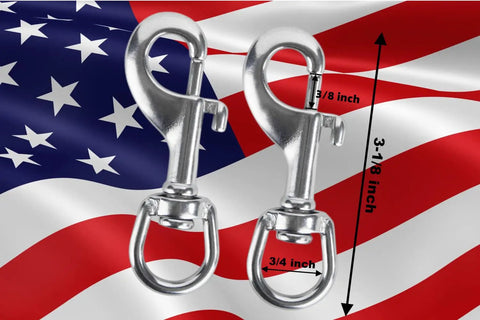 Heavy Duty Marine Grade 316 Stainless Steel Bolt Snap Hooks on American flag background, 3-inch size with swivel base.