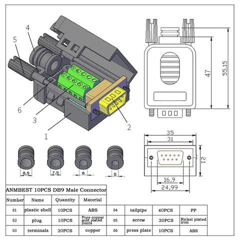 10 Pack DB9 Solderless RS232 Serial To 9 Pin Terminal Male Breakout Adapters Kit For Easy Wire Up Durable Copper Joints PP Housing No Welding Needed Ideal For DIY Electronics Projects And Robotics Tinkering, diagram view