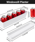 16 Inch Window Box Planter With Tray Lightweight Plastic Rectangular Pot For Balcony Or Windowsill, dimensions shown, holding cans.