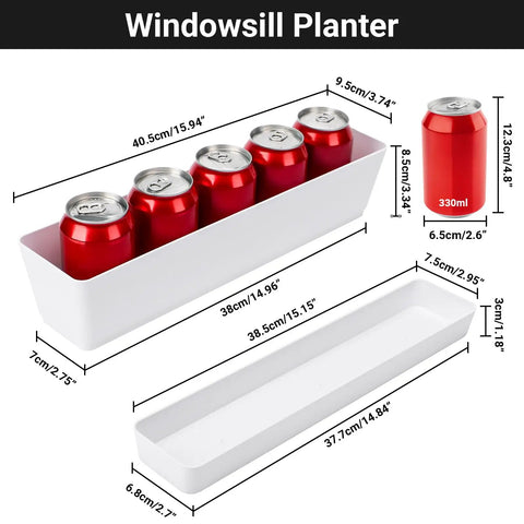 16 Inch Window Box Planter With Tray Lightweight Plastic Rectangular Pot For Balcony Or Windowsill, dimensions shown, holding cans.