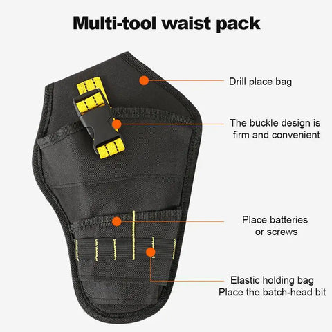 Adjustable Belt Drill Holster With Heavy Duty Design Quick Access Impact Driver Carrier Multi Pocket Tool Bag For Drills And Bits Durable On The Go Organizer For Home Shop Or Job Site For DIY Pros And Weekend Warriors, black with yellow buckle, labeled compartments.