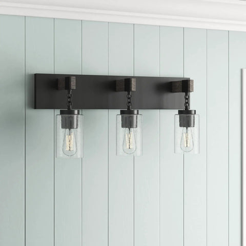 3 Light Vanity Light Fixture For Bathroom Or Bedroom Slick Matte Black Wall Mount Sconce With Clear Seedy Glass Shades
