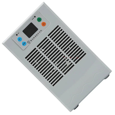 Sleek Semiconductor Water Chiller For Aquarium Tanks 20 Liter Capacity With 70 Watt Cooling Power Compact Electric Cooling Unit US Plug with control panel and vents.