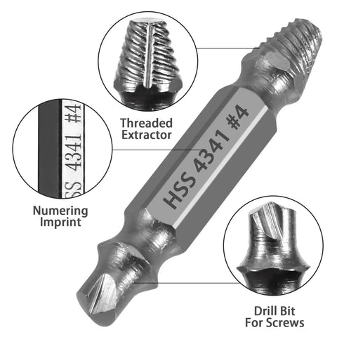 5-Piece HSS Screw Extractor Set For Damaged Screws And Bolts, Pro-Grade Drill Bit Kit showing threaded extractor and numbering imprint.