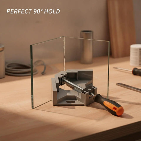Heavy Duty 90 Degree Corner Clamp For Wood And Metal Fab securing glass at a perfect right angle on a workbench.
