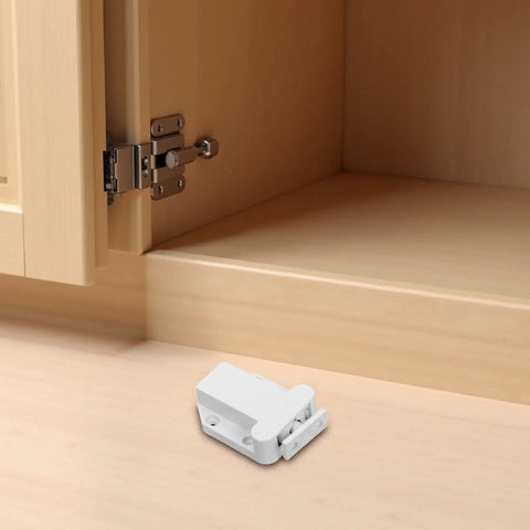 8 Pack No Fuss Self Closing Cabinet Latches With Push Button Door Opener Automatic Rebound Closers for cupboard shown in use