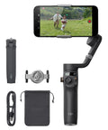 Osmo Mobile 6 Smartphone Gimbal Stabilizer with 3-axis stabilization and accessories, showing portable design and built-in extension rod.