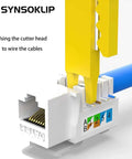 Mini Network Wire Stripper And Punch Down Cutter For Cat5 Cat5e And Cat6 RJ45 Cables in use, close-up on cutting blade and connector.