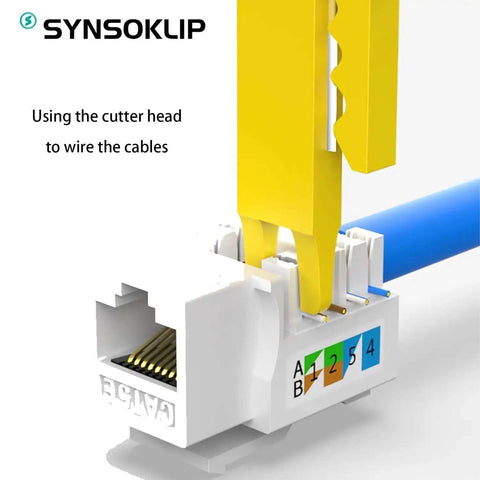 Mini Network Wire Stripper And Punch Down Cutter For Cat5 Cat5e And Cat6 RJ45 Cables in use, close-up on cutting blade and connector.