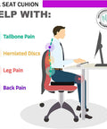 Illustration of a person using Ultra Comfy Gel Seat Cushion With Double Thick Egg Design And Non Slip Cover, highlighting pain relief areas.