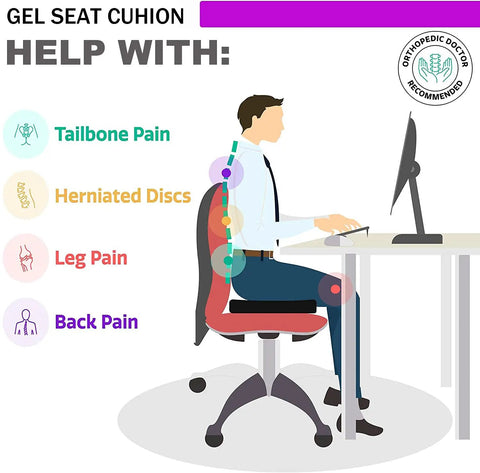 Illustration of a person using Ultra Comfy Gel Seat Cushion With Double Thick Egg Design And Non Slip Cover, highlighting pain relief areas.