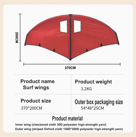 Inflatable Windsurf Wing Sail Kit For Easy Stable Watersport Adventures Ultra Lightweight Floating Rig, red surf wing with dimensions.