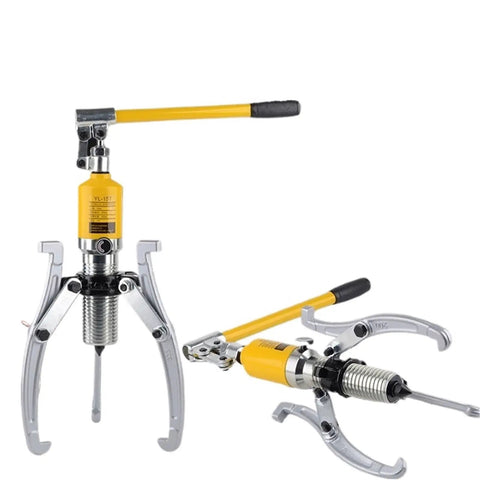 Heavy Duty 5 And 15 Ton Hydraulic Gear Puller Adjustable Jaw Wheel Bearing Separator Kit For Mechanics Seeking Kickass Holding Power And No Sweat Setup During Rapid Hub Removal On Any Workbench, showing yellow and silver design.