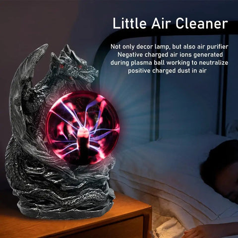 Dragon Plasma Ball Touch Sensitive USB Powered Globe With Purple Red Lightning That Trails Your Fingers on a nightstand.