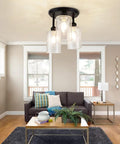 Living room with Semi Flush Mount Ceiling Light With Farmhouse Vibe And Seeded Glass, 3-Light Chandelier Fixture In Black Finish