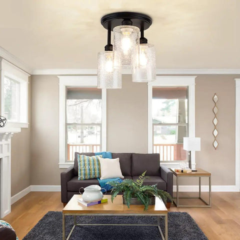 Living room with Semi Flush Mount Ceiling Light With Farmhouse Vibe And Seeded Glass, 3-Light Chandelier Fixture In Black Finish
