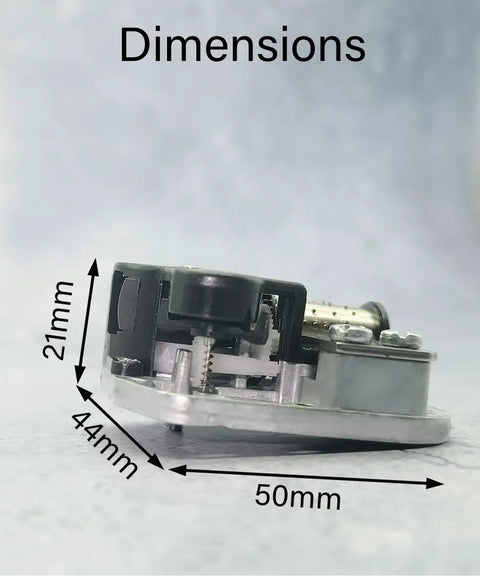 Side view of 18 Note Wind Up Music Box Mechanism Plug And Play DIY Replacement Parts For Snow Globes And Crafts, dimensions shown