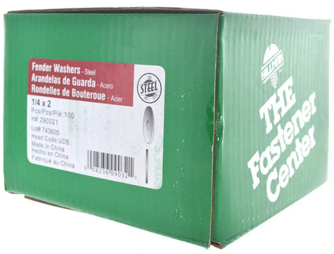 Box of Zinc Fender Washers 1/4 In By 2 In, 100 Pack, Large OD Flat Washers For Bolts Nuts And Screws, Zinc Plated Steel Hardware