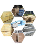 Heavy Duty Electric Welding Strapping Tool Battery Powered Packing Bander with bundled crates and stacks of material.