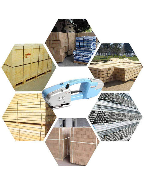 Heavy Duty Electric Welding Strapping Tool Battery Powered Packing Bander with bundled crates and stacks of material.