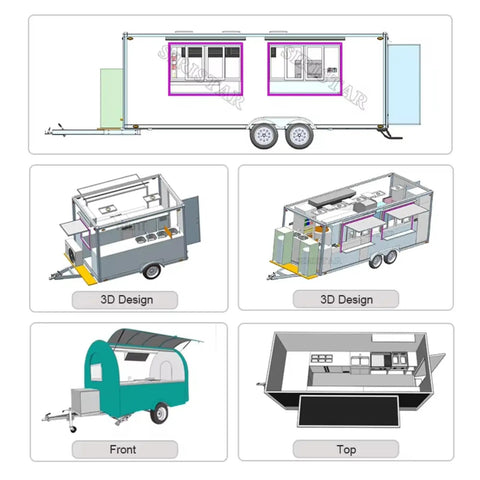 Custom Built Food Trailer With Flexible Layout Designed To Hit The Road For Busy Markets And Festival Vendor Lots Featuring Kickass Prep Space And Smooth Tow Setup For Hustling Grill Masters 3D design views showcasing layout and features.