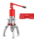 Heavy Duty Hydraulic Bearing Puller Built Like A Tank For No Sweat Seized Gear Extraction Featuring Solid Hardened Steel Frame and adjustable jaw setup in red, with sturdy case.