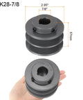 Heavy Duty Cast Iron V Belt Pulley With Double Groove Web Sheave Seven Eighths Inch Bore And 2.95 Inch Outer Diameter For 3L Or B Belts Bored To Size Built To Last With Keyways And Hollow Head Set Screws, gray cast iron V-belt pulley with 2.95 in OD and 7/8 in bore