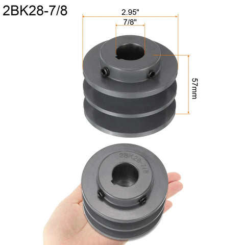 Heavy Duty Cast Iron V Belt Pulley With Double Groove Web Sheave Seven Eighths Inch Bore And 2.95 Inch Outer Diameter For 3L Or B Belts Bored To Size Built To Last With Keyways And Hollow Head Set Screws, gray cast iron V-belt pulley with 2.95 in OD and 7/8 in bore