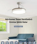 Smooth Operator 42 Inch Retractable Ceiling Fan With Super Quiet DC Motor and Heavy Duty Build, Silver finish in living room.