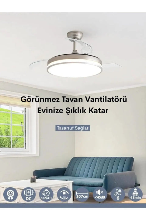 Smooth Operator 42 Inch Retractable Ceiling Fan With Super Quiet DC Motor and Heavy Duty Build, Silver finish in living room.