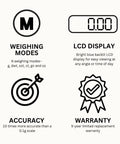 Features of Platinum XP500 Pro Grade Jeweler Pocket Scale showing weighing modes, LCD display, accuracy, and warranty details.