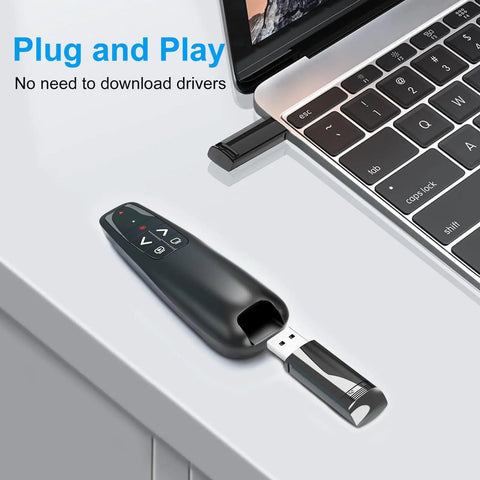 Game Changing Presentation Clicker for PowerPoint and Google Slides With USB Wireless Remote Laser Pointer next to laptop