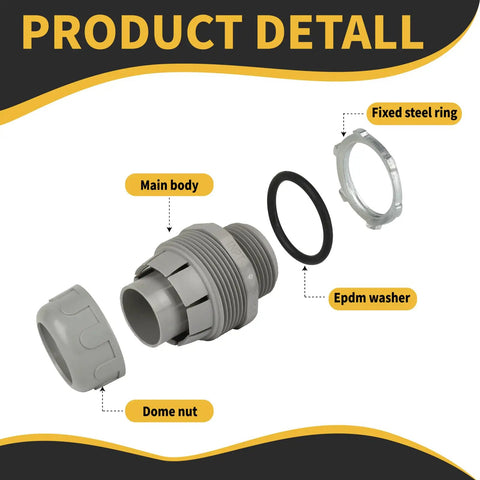 1 Inch Nylon Conduit Connectors 180 Degree Elbow Pack Of 5 Grey Liquid Tight PVC Fittings With Domed Nut O Ring And Steel Locknut Included Built To Withstand Impact And Weather Heavy Duty For Real World Job Sites exploded view with dome nut, O-ring, and steel ring