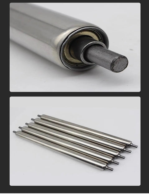 Heavy Duty Stainless Steel Conveyor Rollers 5 Piece Set Spring Loaded Press In Mount showcasing a close-up and top view of rollers.
