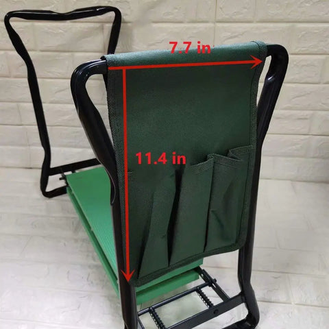 Side view of Folding Garden Kneeler Seat With Tool Pouch Bag And Thick EVA Foam Kneeling Pads showing green pouch dimensions