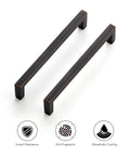 Solid 5 Inch Center To Center Slim Square Bar Drawer Handles With Oil Rubbed Bronze Finish showing scratch resistance and coating features.