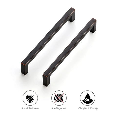 Solid 5 Inch Center To Center Slim Square Bar Drawer Handles With Oil Rubbed Bronze Finish showing scratch resistance and coating features.