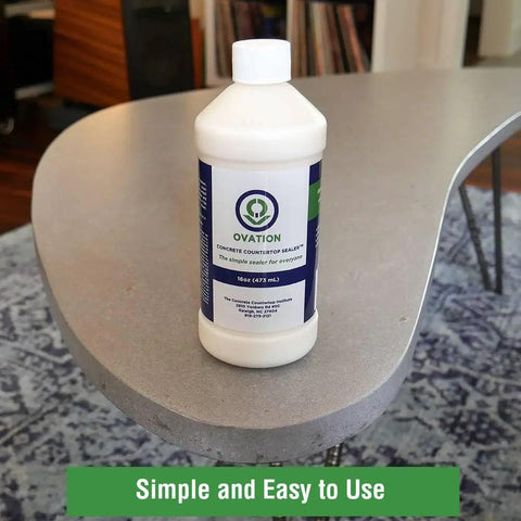Concrete Countertop Sealer For DIY Kitchens And Surfaces, Food Safe Water Based Non Toxic Finish With Satin Sheen, 16 Oz bottle on a countertop