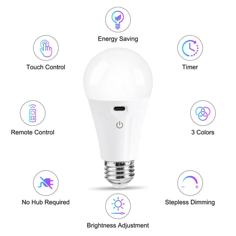 Rechargeable A19 Light Bulbs With Remote Control And USB Charging, Dimmable Battery Powered, shown with features icons