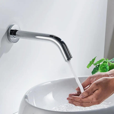 Wall Mount Sensor Faucet No Touch Hands Free Bathroom Tap Stainless Steel Chrome Finish Super Easy Install With Single Cold Operation Powered By AA Batteries Hygienic Wave On Off Lead Free SUS 304 Steel