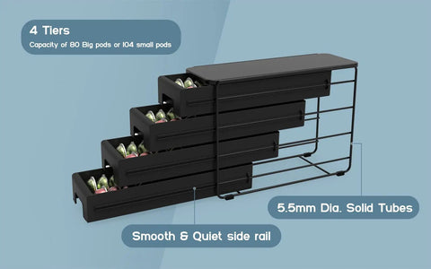 4 Tier Coffee Pod Drawer Organizer For Nespresso VertuoLine Pods with metal frame and smooth slide drawers, holding capsules.