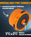 Dust Port Adapter 1-3/4 to 2-1/2 Inch Port to 4 Inch Dust Collection Hose Quick Connect Reducer For Table Saw Planer Jointer And Other Power Tools Patent Pending, shown in orange plastic with universal dust port connector design.