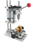 7-Speed Bench Drill Press For Jewelry Making Adjustable Hole Machine Drilling Ivory Silver Crystals Jade Agate Amber Crafts With Precision Clamp And Chuck Kit shown from the side in aluminum.