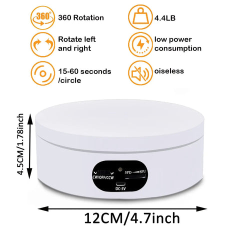 360 Degree Motorized Rotating Display Stand White Electric Spinner Turntable For Tumblers Jewelry Photography Products Adjustable Speed Turner Base Showpiece Prop, 12CM diameter, 4.5CM height.