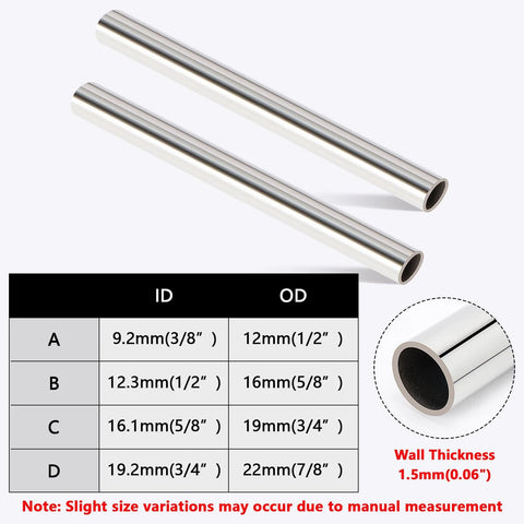 Two Livabber 304 stainless steel round tubes, 12 in long, 7/8 in OD, 0.06 in wall.