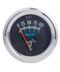 Oil pressure gauge with chrome bezel and black dial showing 0–100 psi outer scale and blue kg/cm² marks