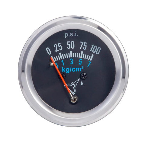 Oil pressure gauge with chrome bezel and black dial showing 0–100 psi outer scale and blue kg/cm² marks