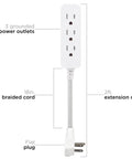 Designer Mini 3-Outlet Power Strip With 18 Inch Braided Cord Grounded Adapter Low Profile Flat Plug ETL Listed White Gray