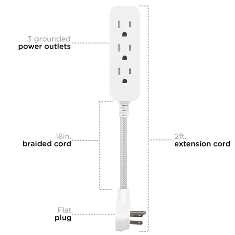Designer Mini 3-Outlet Power Strip With 18 Inch Braided Cord Grounded Adapter Low Profile Flat Plug ETL Listed White Gray