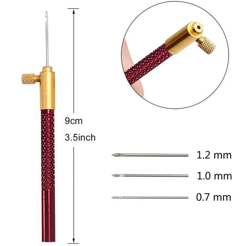 Tambour Hook Kit With 3 Interchangeable Needle Heads 0.7mm 1.0mm And 1.2mm, shown with steel hook and red handle